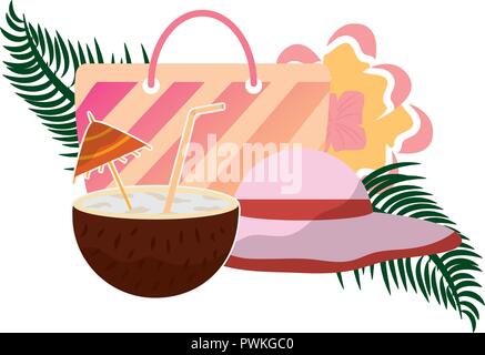 beach bag hat flowers coconut cocktail tropical summer vector illustration Stock Vector