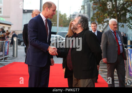 The Duke of Cambridge shakes hands with director Peter Jackson (right) as he attends the world premiere of They Shall Not Grow Old at BFI Southbank in London as part of the BFI London Film Festival. Stock Photo