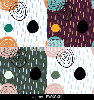 Abstract digitally hand drawn seamless pattern in simply beautiful scandinavian style. Set of 4 wallpapers with random shapes. Colorful ornaments. Stock Vector