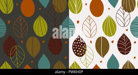 Two seamless autumn patterns with abstract leaves in primitive style on light and dark background. Fall inspired wallpapers in scandinavian style. Stock Vector