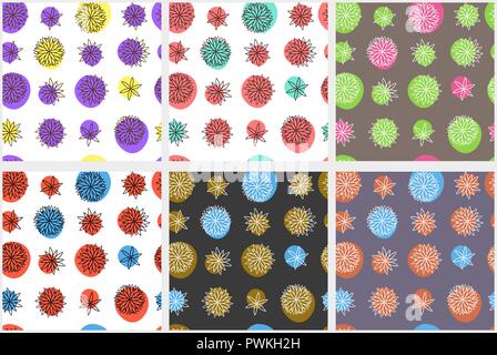 Seamless vector pattern with abstract flowers and circles in six color variation. 6 cute repeating designs for textile, wallpapers, surfaces, apparel. Stock Vector