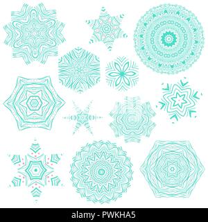 Set of creative and artistic blue and pink mandalas and snowflakes isolated on white background. Collection of mehendi tattoo designs. Stock Vector