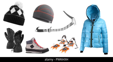 Elements of necessary High mountain equipment isolated on white background Stock Photo