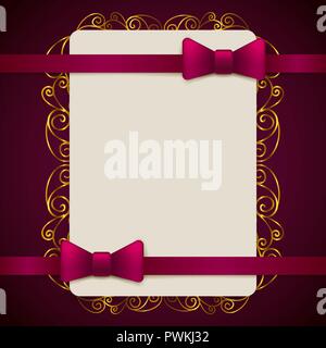 Vintage greeting card template with violet bow and ribbon. Vector ...