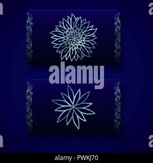 Luxury business cards templates in deep blue and silver colors on dark background. VIP gift card designs. Greetings card layout. Vector EPS10 file. Stock Vector