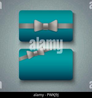 Luxury business cards templates in blue color with silver ribbon bows on grey background. VIP gift card designs. Greetings card layout. Vector EPS10. Stock Vector