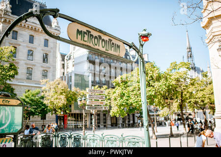 PARIS, FRANCE - September 01, 2018: Retro plate of the subway of Paris near the notre-Dame cathedral Stock Photo