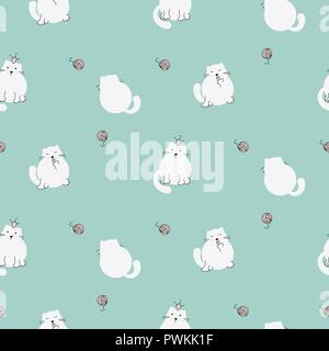 Cute kitty seamless vector pattern. White cats on green mint background. Stock Vector