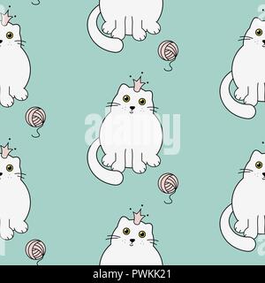 Cute kitty princess seamless vector pattern. White cats on green mint background. Stock Vector