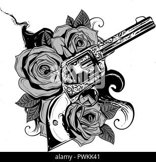 guns and rose flowers drawn in tattoo style. Vector illustration. Stock Vector
