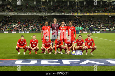 Wales Team group (left to right) Top row: Ashley Williams, Wayne Hennessey, James Chester and Tyler Roberts. Bottom Row: Harry Wilson, Matthew Smith, Joe Allen, Tom Lawrence, Connor Roberts, Ben Davies and David Brooks during the UEFA Nations League, League B, Group four match at The Aviva Stadium, Dublin. PRESS ASSOCIATION Photo. Picture date: Tuesday October 16, 2018. See PA story SOCCER Republic. Photo credit should read: Liam McBurney/PA Wire. during the International Friendly at Windsor Park, Belfast PRESS ASSOCIATION Photo. Picture date: Tuesday September 11, 2018. See PA story SOCCER N Stock Photo