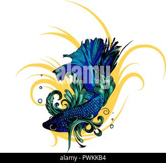Gold Betta Siamese fighting fish, Betta splendens Pla-kad Thai. Betta fish Stock Vector