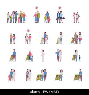 set grandparents parents children, multi generation family, full length avatar on white background, happy family together concept, tree of genus flat cartoon Stock Vector
