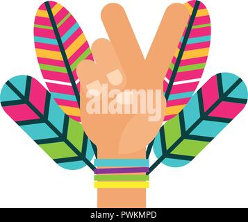 hand peace and love feathers retro hippie style vector illustration Stock Vector