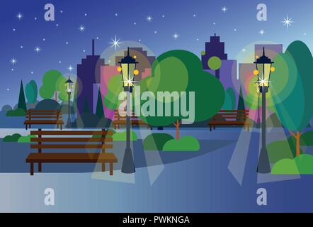 Urban night park wooden bench street lamp green lawn trees on city buildings template background flat Stock Vector