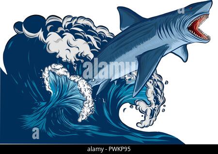 Shark with open mouth in the sea. Flat vector illustration Stock Vector
