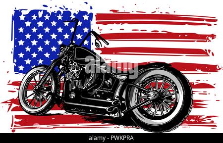 Hand drawn and inked vintage American chopper motorcycle with american flag Stock Vector