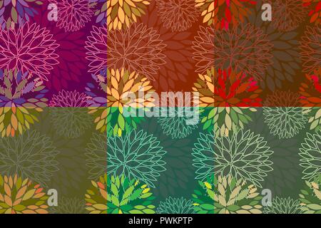 Set of 6 vector seamless abstract seasonal floral backgrounds in autumn colors. Beautiful and creative fabric patterns. Fall season wallpapers. Stock Vector