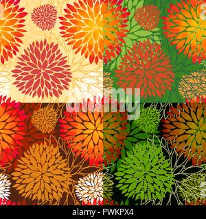 Set of 4 vector seamless abstract floral backgrounds in autumn colors. Beautiful and creative fabric patterns. Fall season wallpapers. Stock Vector