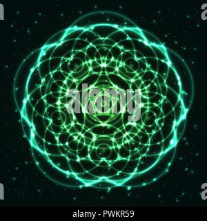 Bright, shining and glaring abstract mandala. Beautiful decorative cosmic background. Abstract glowing green flower. Amazing neon wallpaper. Stock Vector