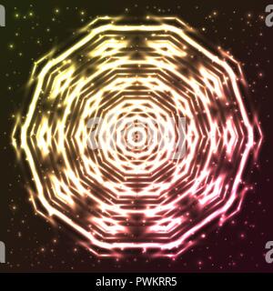 Bright, shining and glaring abstract snowflake. Beautiful decorative cosmic star on dark background. Amazing glowing mandala wallpaper. Stock Vector