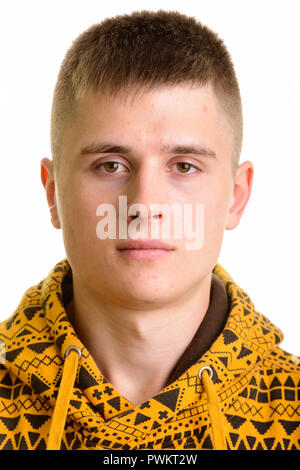 Face of young Caucasian man wearing hoodie Stock Photo
