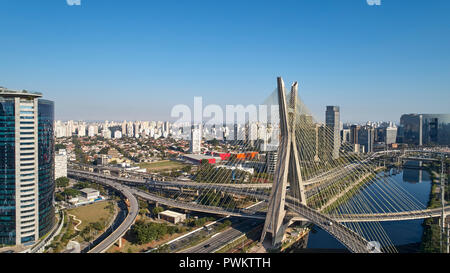 Famous cable-stayed bridge at Sao Paulo city. Brazil. Aerial view of Octavio Frias de Oliveira Bridge in Sao Paulo city. Stock Photo