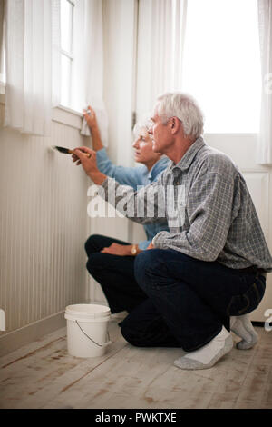 Couple painting an interior wall of their new house together. Stock Photo