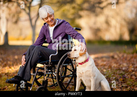 Smiling senior woman sitting in a wheelchair while patting her dog in a park. Stock Photo