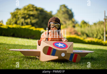 Home made cardboard plane in a sunny back yard. Stock Photo