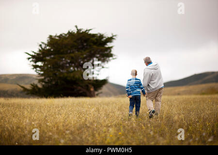Young boy walking hand in hand with his grandfather. Stock Photo