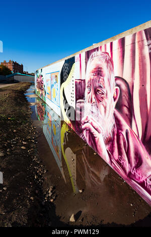 View of murals painted on wall at Marine Parade Graffiti Wall in Leith , Scotland, Stock Photo