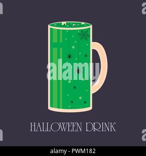 Set of Halloween cocktail icons, spooky drinks with eyeballs, spider, worms, bubbles and other creepy symbols. Elements, objects for holiday card, hol Stock Vector