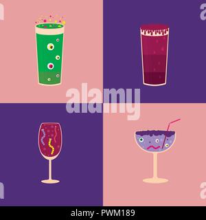 Set of Halloween cocktail icons, spooky drinks with eyeballs, spider, worms, bubbles and other creepy symbols. Elements, objects for holiday card, hol Stock Vector