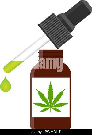 CBD oil cannabis extract. Medical marijuana. Hemp oil in a bottle. Mock up of cannabis oil. Icon product label and logo graphic template. Isolated vector illustration on white background. Stock Vector