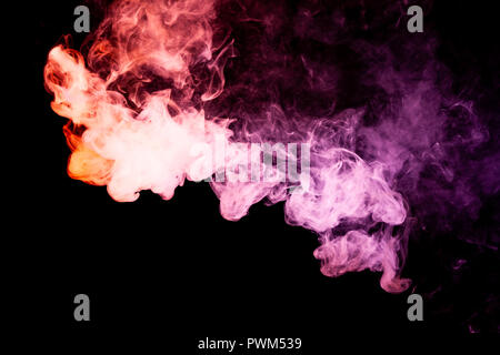 Textural background for creativity. Pink and red cloud of smoke of  black isolated background. Background from the smoke of vape Stock Photo