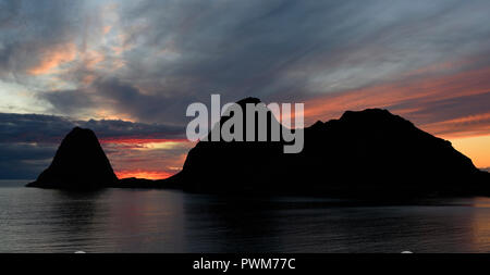 Sunset at Nykvag beach with unusual rock formations just south of Vagen in the Vesteralen Islands, Norway Stock Photo