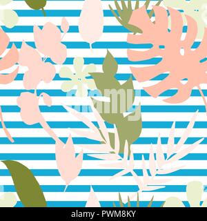 Vector seamless pattern with silhouette tropical,exotic plants,flovers.leaves,palm,monstera brunch on a blue and white horizantal striped background.A Stock Vector