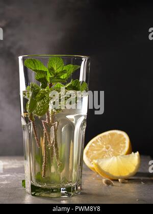 Mint tea in a glass with mint sprigs and lemon Stock Photo