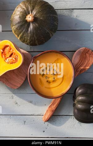 Pumpkin soup with pumkin seeds Stock Photo