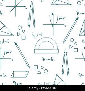Mathematical scientific vector seamless pattern with geometry plots, tools and formulas. Education elements. Compasses, protractor, pencil, graphics,  Stock Vector
