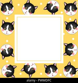 Black White Cat on Yellow Banner Card. Vector Illustration. Stock Vector