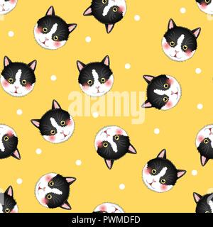 Black White Cat on Yellow Background. Vector Illustration. Stock Vector