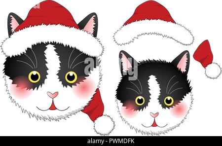 Black White Cat Santa Claus. isolated on White Background. Vector Illustration. Stock Vector