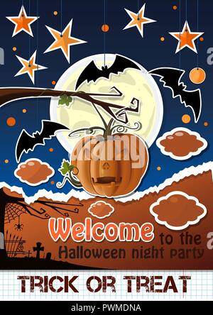 Halloween paper art. Welcome to the night party. Trick or treat. Vector illustration