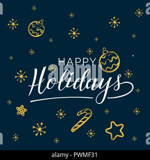 Happy holidays. Beautiful greeting card calligraphy black text word gold stars. Hand drawn invitation T-shirt print design. Handwritten modern brush lettering white background isolated vector. Stock Vector
