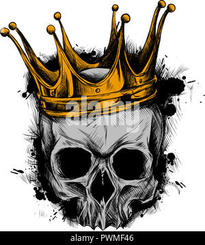 Illustration of black and white skull in crown with beard isolated on white background Stock Photo