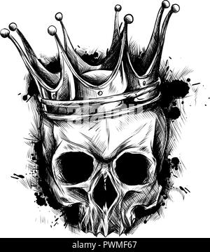 Illustration of black and white skull in crown with beard isolated on white background Stock Photo