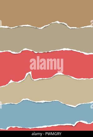 Set of red, brown and blue horizontal ripped paper strips, torn note paper for text or message Stock Vector