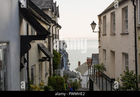 View down the main street towards harbour and sea. Clovelly, North Devon, England Stock Photo